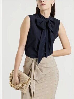 NEW Tory Burch Navy Bow Blouse Tie-Neck Top Size 2 MSRP $250